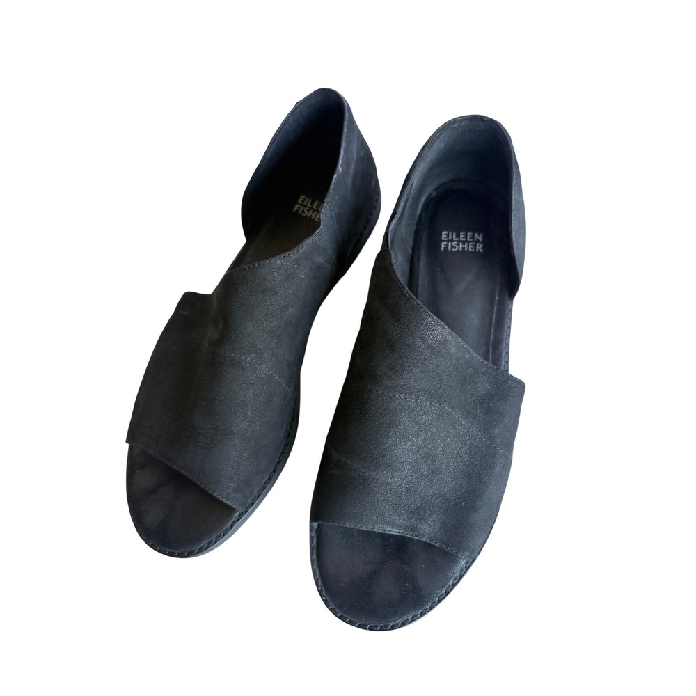 Eileen Fisher Black Nubuck Suede Leather Open Toe D'Orsay Flat Sandals Size 9